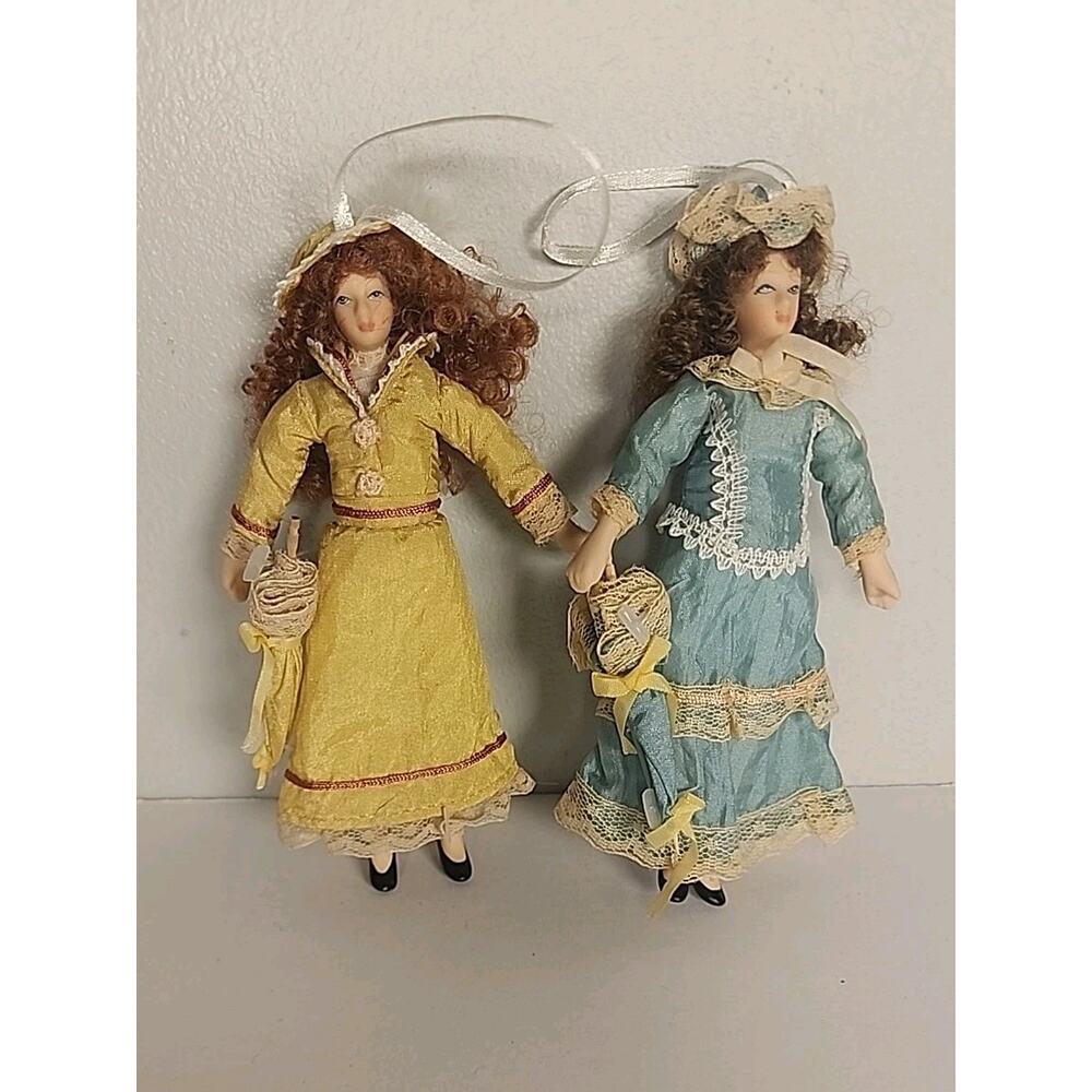 Vtg Special Times Miniature Doll Ornaments Victorian Women Dress & Umbrella